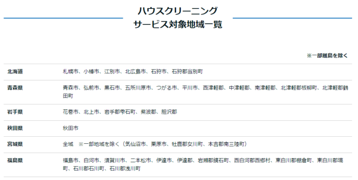 ハウスクリーニングを利用できる地域は主要都市に限られる