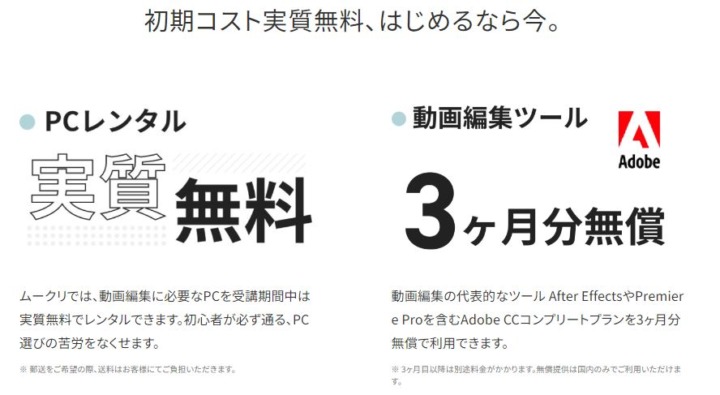 メリット5：パソコンを実質無料でレンタル可、編集ソフトは3ヶ月分無料